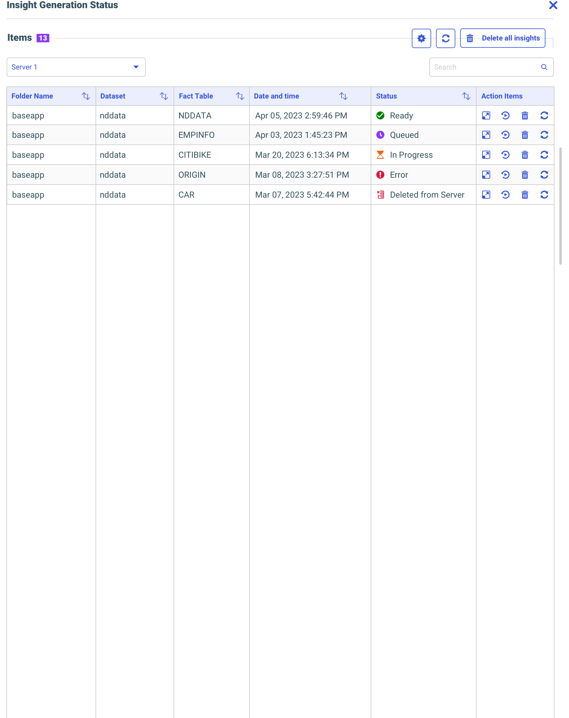 The Insight Generation Status tracker — a table of running insights with their dataset, fact table, timestamp, and status